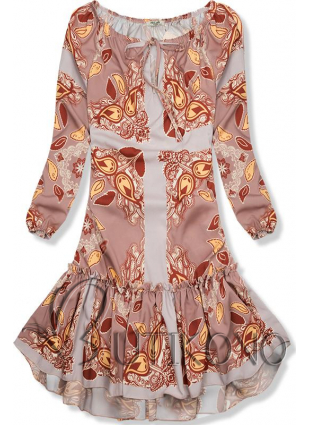 Béžové vzorované šaty s volánovou sukní