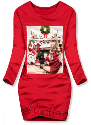 Červené teplákové šaty s vánočním motivem
