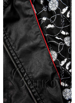 Černá koženková bunda se vzorovanou podšívkou