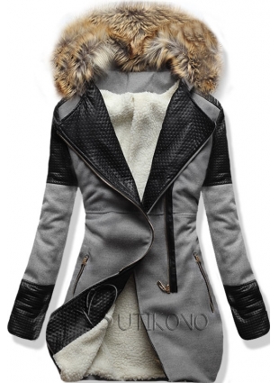 Šedý zimní kabát s kožíškem