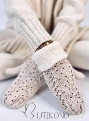 Zdobené dámské rukavice-palčáky světle béžové