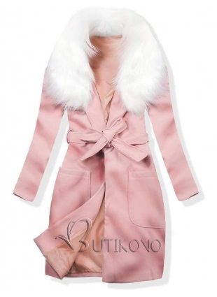 Růžový podzimní kabát s kožešinovým lemem