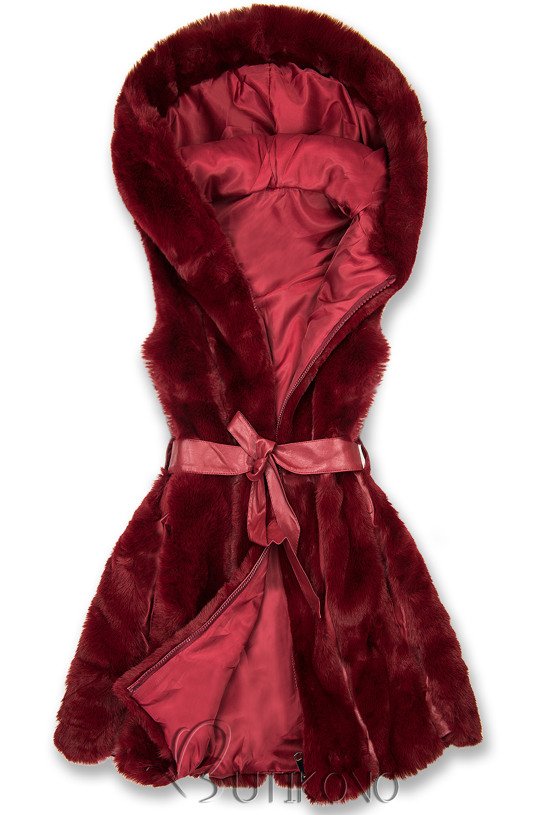 Vínově červená kožešinová vesta s páskem