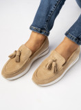 Dámské semišové mokasíny s třásněmi béžové