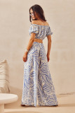Modré wide leg kalhoty s lnem