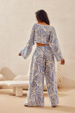 Modré wide leg kalhoty s lnem