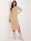 Béžová midi šaty s dlouhým rukávem