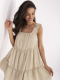 Světle béžové rozšířené šaty s volánem