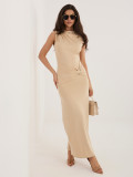 Béžové midi pouzdrové šaty bez rukávů