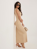Béžové midi pouzdrové šaty bez rukávů