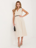 Béžové rozšířené midi šaty s páskem a límečkem