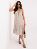 Béžové rozšířené midi šaty s ramínky a volánem