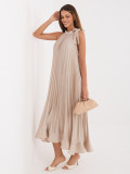 Béžové koktejlové midi šaty s vázáním a volánem