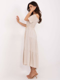 Světle béžové letní midi šaty s off-shoulder střihem