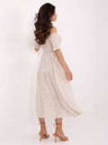 Světle béžové letní midi šaty s off-shoulder střihem