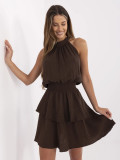Tmavě hnědé minišaty s volánem a vázáním