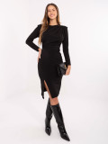 Elegantní černé midi pouzdrové šaty s dlouhým rukávem a řasením