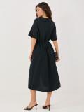 Černé rozšířené midi šaty s páskem a kapsami