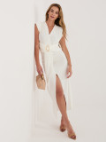 Elegantní midi šaty s překládaným výstřihem a řasením, ecru