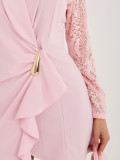 Světle růžové elegantní mini šaty s krajkou a volánem