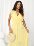 Žluté rozšířené midi šaty s páskem
