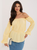 Žlutá halenka s odhalenými rameny a nabíranými rukávy