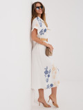 Bílo-modré košilové midi šaty s výšivkou a páskem