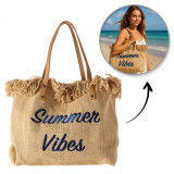 Plážová taška SUMMER VIBES s třásněmi přírodní