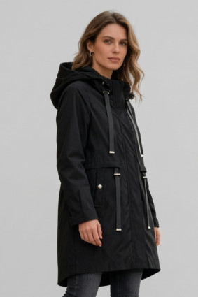Černá jarní parka s velkou kapucí