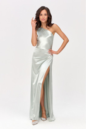 Saténové maxi šaty na jedno rameno v mátové barvě