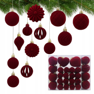 Ozdoby na stromeček velurové bordó, 48 kusů