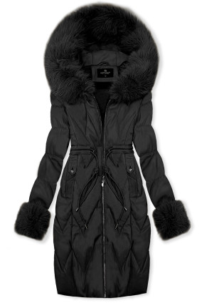 Zimní koženkový kabát s umělou kožešinou, černý