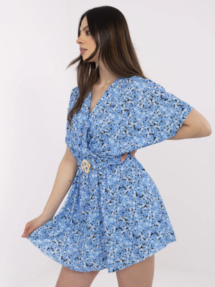 Květinový overal s krátkým rukávem modrý