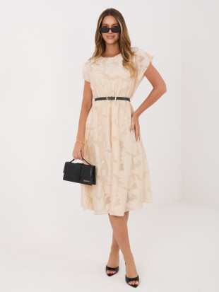 Béžové rozšířené midi šaty s páskem