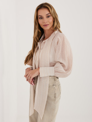 Béžová pruhovaná košile s vázáním a nabíranými rukávy