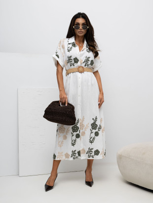 Bílo-zelené midi košilové šaty s výšivkou a páskem