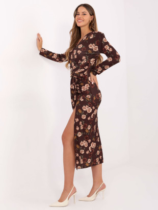 Hnědé květované midi šaty s překládaným výstřihem