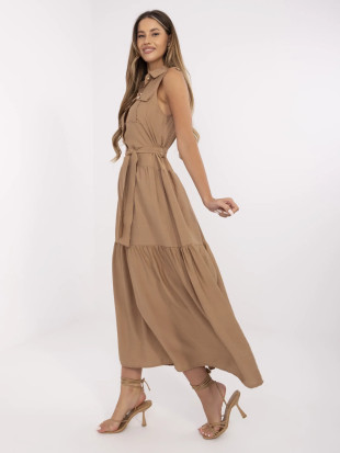 Elegantní maxi šaty s volány camel hnědé