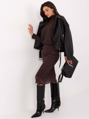 Elegantní midi sukně s krajkou a podšívkou, hnědá