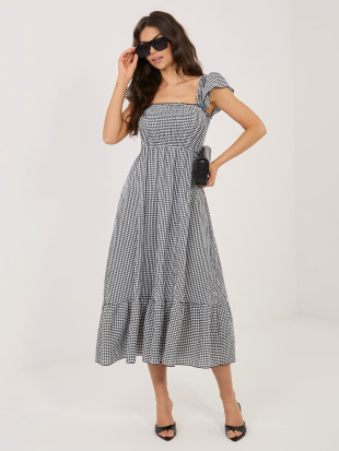 Černé midi šaty s volánem a kostkovaným vzorem