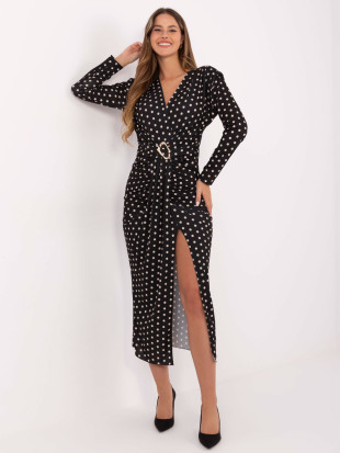 Černé midi pouzdrové šaty s puntíky a zavinovacím výstřihem
