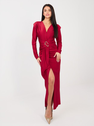 Červené elegantní maxi šaty s dlouhým rukávem a zavinovacím výstřihem