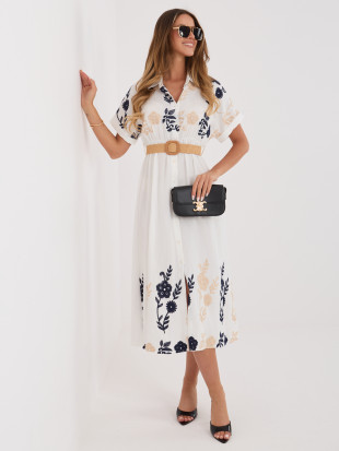 Bílo-tmavě modré košilové midi šaty s výšivkou a páskem