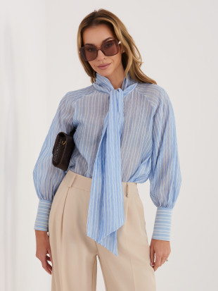Dámská modrá košile s proužky a vázáním