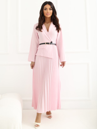 Elegantní rozšířené midi šaty s páskem a límečkem, růžové