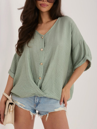 Stylová khaki halenka s V výstřihem a krátkým rukávem