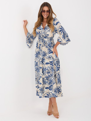 Modré midi šaty s potiskem a vázáním