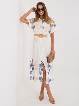 Bílo-modré košilové midi šaty s výšivkou a páskem