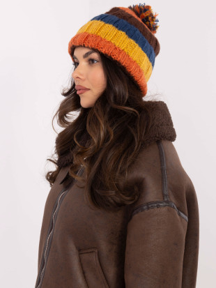 Pruhovaná zimní čepice s bambulí žlutá/modrá