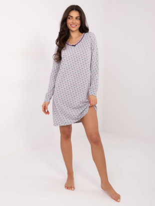 Dámská šedá noční košile s dlouhým rukávem a mašličkou